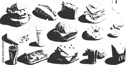 Collection of fast food items including burgers sandwiches pizza ice cream and drinks in silhouette vector