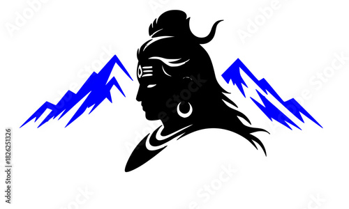 Lord Shiva Profile Silhouette Vector with Mount Kailash, Hindu God of Meditation in Stylized Black and Blue Spiritual Illustration