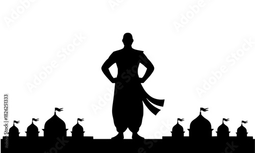 Powerful King or Epic Hero Silhouette Standing Over Temple Domes, Traditional Indian Leader Icon in Black and White Vector Illustration