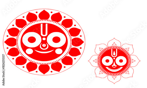 Lord Jagannath Face Icon Vector Illustration, Red and White Stylized Hindu Deity Symbol of Odisha and Ratha Yatra Festival