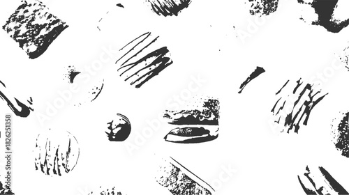 Black and white textured abstract shapes and food items scattered on white background vector
