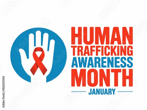 Human trafficking awareness month january graphic with a hand and red ribbon symbol