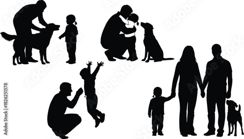 Vector silhouette collection of happy family with dog, featuring parents walking with child, father hugging kid, and boy jumping with joy on white background.
