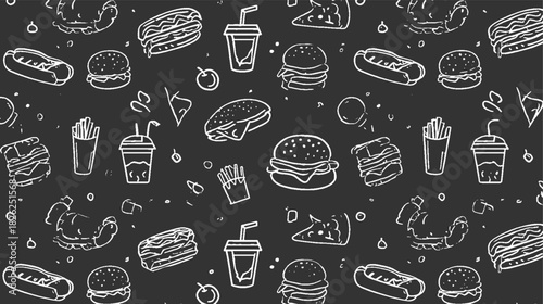 White outline fast food doodles on dark gray background seamless pattern burger hamburger