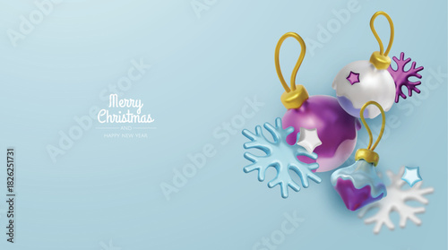 Happy New Year and Merry Christmas. Christmas holiday background with realistic 3d objects, bauble balls, conical metal stars. Levitation falling design composition.