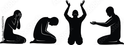 Vector silhouettes of man praying in four positions, kneeling in despair, bowing down, raising hands to sky, and begging for mercy on white background.