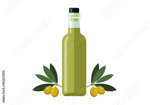 Bottled Olive Oil with Leaves and Olives Illustration
