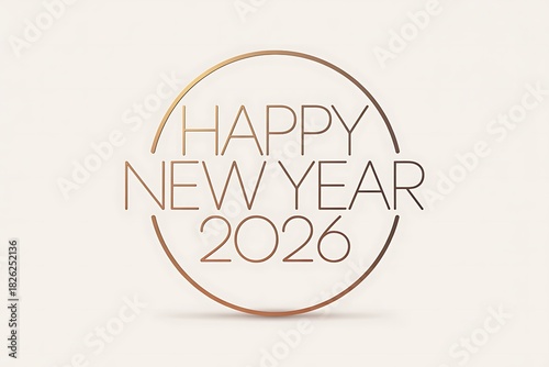 Elegant Happy New Year 2026 greeting design with golden circle, perfect for upscale invitations and festive marketing materials, conveying warmth and new beginnings