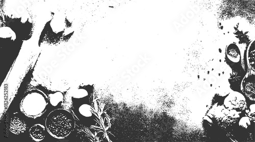 Black and white textured composition of various spices and herbs vector