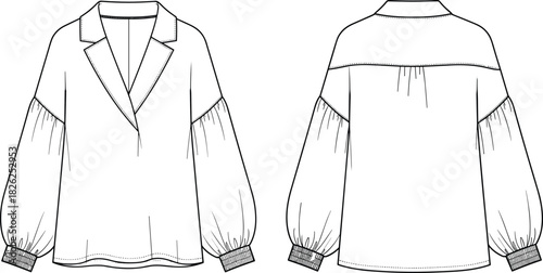Elegant women's balloon sleeve V-neck blouse fashion flat sketch, technical CAD drawing vector illustration, loose fit woven fabric top apparel template design.