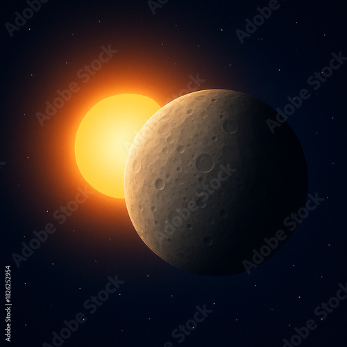 Vector Illustration of Mercury floating in dark space with the Sun shining brightly behind it