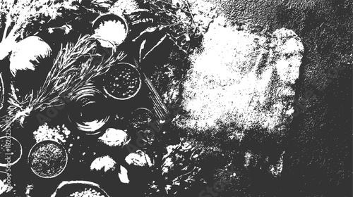 Overhead view of various spices and herbs in small containers with sprigs of rosemary thyme basil