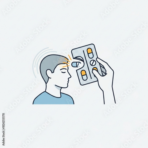 Man with headache receiving medication from hand holding blister pack of pills for treatment relief