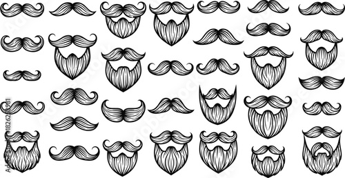 Extensive vector collection of men's vintage beards and mustaches in various styles, featuring detailed line art illustrations suitable for barber shops and gentleman fashion designs.