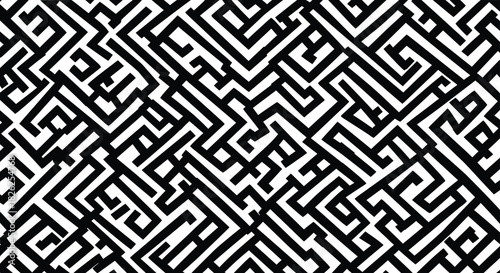 Seamless pattern of abstract geometric maze or labyrinth lines and shapes, creating a complex, intricate, and trendy optical illusion background.