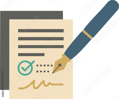 Paper document with fountain pen, check mark, and signature, representing contract signing, legal agreement, and official approval.