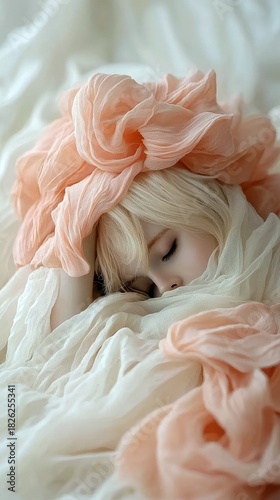 A young adult woman with blonde hair is sleeping peacefully, her face partially obscured by flowing peach and cream colored fabric. The scene is bathed in soft,