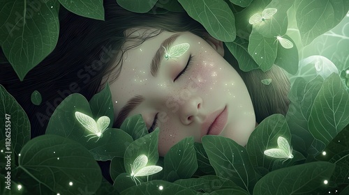 A close-up, dreamy portrait of a young woman sleeping peacefully, surrounded by vibrant green leaves. Small, glowing fireflies hover around her face and in the