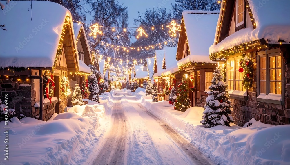 Fototapeta premium A snow-covered village street is decorated with twinkling lights, creating a cozy, wintry holiday scene at twilight