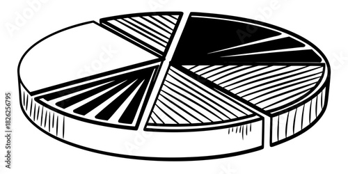 Isometric pie chart with varying slice patterns representing data distribution and proportions precisely