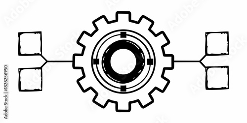 Illustration of a gear with a central circle and two pairs of connected squares on either side