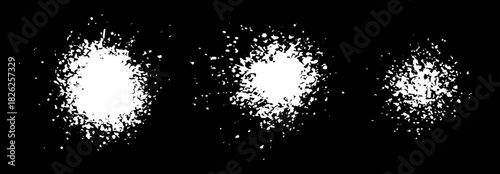 Salt, sugar, dust or sand splatter texture. Set of white vector specs, particles, tiny salt or sugar granules. Grainy  round shape splashes. Abstract food spice elements isolated on black background
