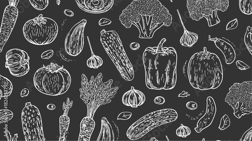 White line drawing of assorted vegetables on a dark gray background food illustration