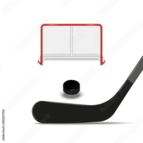 Realistic ice hockey 3d equipment including a net goal, stick, and puck isolated white background, detailed sport vector illustration moment shooting at the puck.