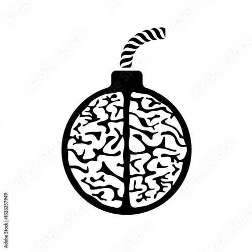 Brain stylized as a cannonball with a rope fuse creative black and white logo design, conceptual illustration for t-shirt print or idea generation, intellectual explosion, brainstorm, sudden thinking.