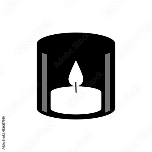 Burning tealight candle inside a simple cylindrical glass holder, home decor logo design negative space style, black-white symbol of relaxation, spa, meditation, cozy atmosphere, home aesthetics.