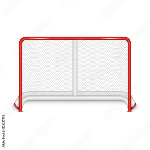 Empty ice hockey net or goal, red frame and white mesh realistic 3d vector front view isolated on white background.