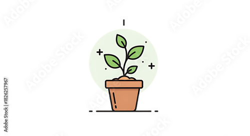 A small green plant grows from soil in a terracotta pot, symbolizing new beginnings and growth.