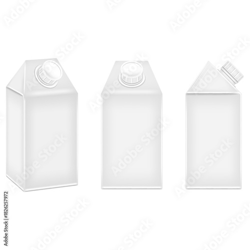 Blank white short gable-top carton with screw cap packaging set realistic 3d mockup vector isolated on white, for milk, cream, juice, or other liquid beverage products, carton box from various angles.