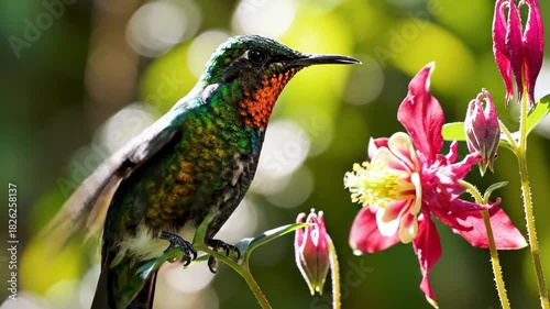 Vibrant hummingbird feeding on colorful flower in lush garden setting