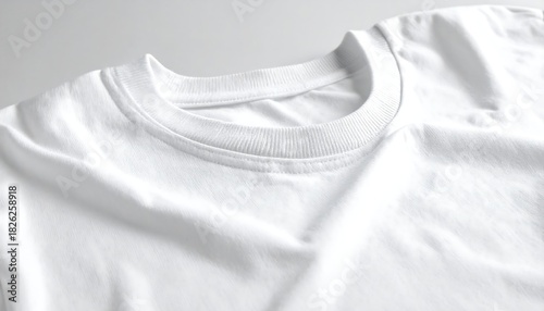 Close-up view of a plain white t-shirt, focusing on the collar and fabric texture.