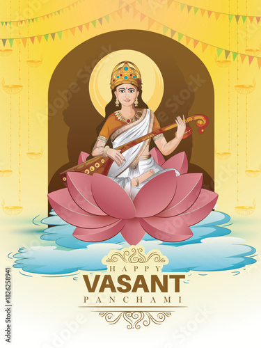 vector sketch of Goddess of Wisdom Saraswati for happy Vasant Panchami.