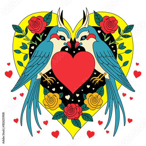 Love birds with heart and roses in vintage tattoo style