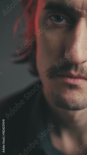 Dramatic close-up of a young attractive white European man with Slavic features and long hair, reflecting sadness and pain through deep introspection, furrowed brow, and warm lighting.