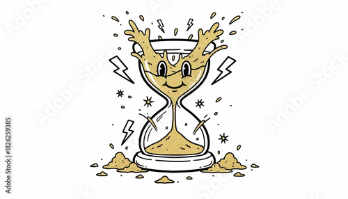 A cartoon hourglass character with antlers and a smiling face, surrounded by lightning bolts and spilling sand.