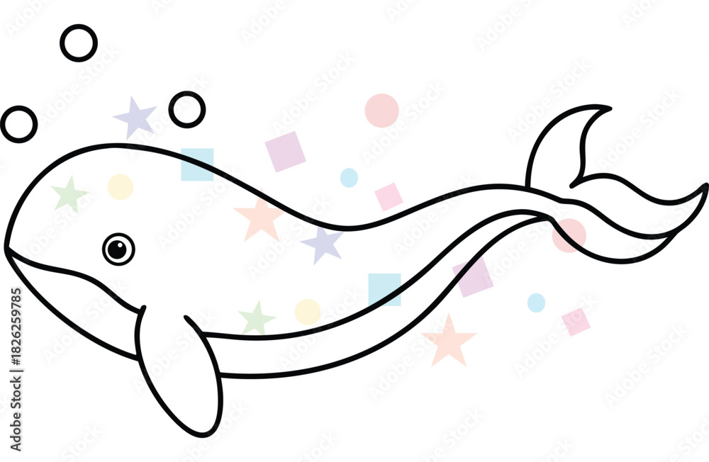 Fototapeta premium Whale Illustration With Bubbles And Stars, Marine Animal Vector, Ocean Creature Design