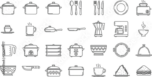 Kitchen utensils and cooking appliances line art illustration featuring cookware, tableware, cutlery, drinkware, and food items for culinary design, restaurant branding vector collection