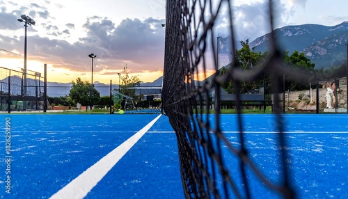 A perspective view of a blue padel court with a net, under a beautiful sunset.