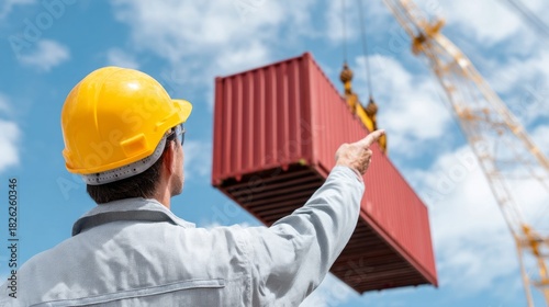 A construction worker in a yellow hard hat signals to a crane operator as a large red shipping container is being lifted high against a clear blue sky