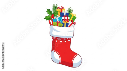 Christmas stocking filled with christmas gifts and holly leaves festive holiday decoration silhouette