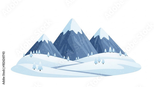 Illustration of a snowy mountain landscape with three peaks and a winding road in winter time silhouette