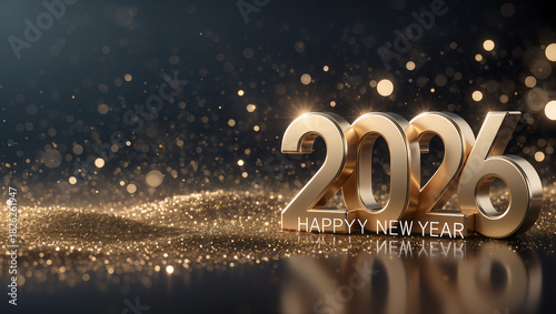 Minimal luxury New Year banner with large 3D metallic gold text 2026 placed on the right side