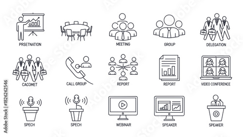 Line art icons depicting business meetings, reports, and presentations.