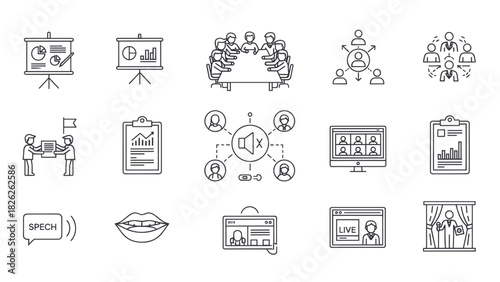 Collection of business and communication icons in outline style, representing meetings, presentations, and networking.