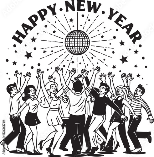 Vintage black and white graphic of a joyful crowd dancing under a sparkling disco ball with Happy New Year text.