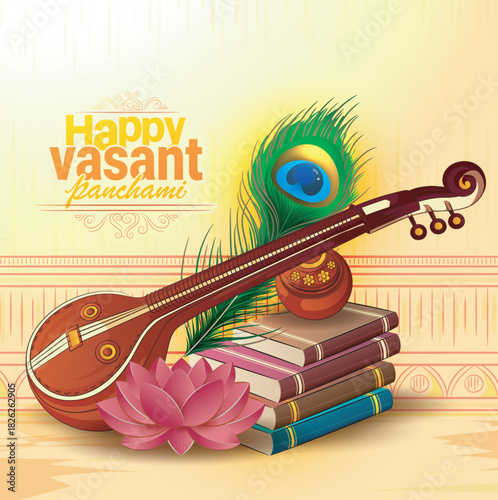 vector sketch of Goddess of Wisdom Saraswati for happy Vasant Panchami.